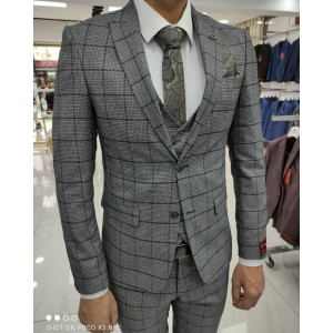 Men's classic three-piece suit light gray large cage size 50