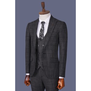 Men's Classic Three-Piece Suit in Dark Grey Check with Dark Threads, 2023 Collection
