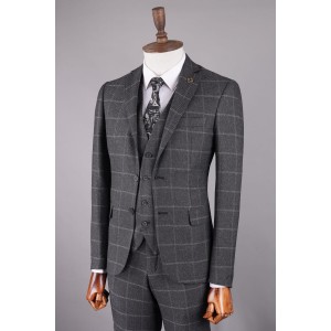 Herenkostuum met vest, getailleerd jasje en smalle broek, grijs met groot wit ruitpatroon, Klassieke stijl voor stijlvolle jonge mannen.