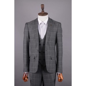 Youth Classic Three-Piece Suit, 2023 Collection, Gray, in Check