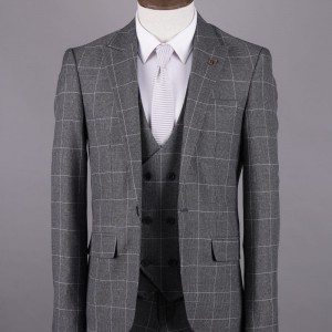Youth Classic Three-Piece Suit, 2023 Collection, Gray, in Check
