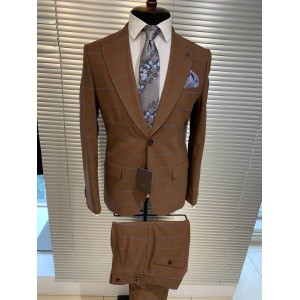 Mannen klassieke twee-delige bruin pak in een grote kooi maat 58
