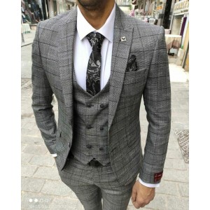 Men's classic three-piece suit light gray textured large cage 48 size