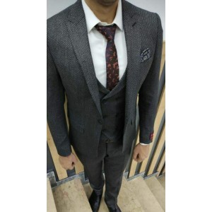  Klasyczny trzyczęściowy garnitur męski o szarej fakturze z dodatkiem elastanu, rozmiar 52