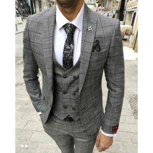  Costume trois pièces classique homme gris clair texturé grande cage taille 46