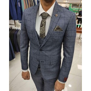 Men's classic three-piece suit blue color large cage 50 size