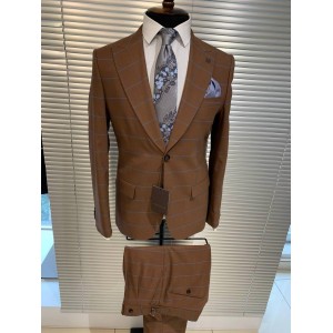 Costume deux pièces homme marron classique en grande cage taille 48