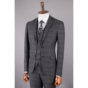 Men's three-piece suit, fitted jacket, waistcoat, tapered trousers, gray, in a large white check pattern, Classic style for stylish young men.