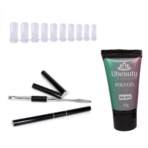 Polygel build-up kit: 30 ml polygel, brush with spatula, 10 sizes of top shapes