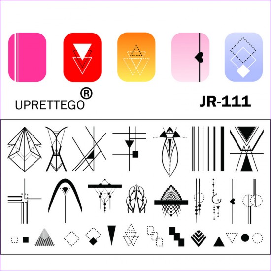 Geometria płytki stemplowej, wzory, ornament, linie, trójkąty, linia przerywana, romb, serce JR-111-3189-uprettego-Wystrój i projekt paznokci