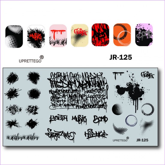 Plaque pour tamponner graffiti, blot, mots, musique, hip hop, roses, cercles, stries, musique, herbe JR-125-3194-uprettego-estampillage