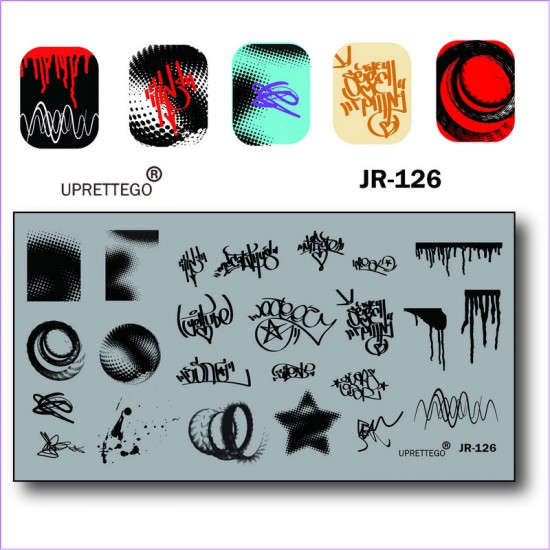 Stempelen plaat graffiti, ster, ster, druppels, druppels JR-126, JR-126, stempelen, alles voor manicure, gel vernissen, kopen in Oekraïne