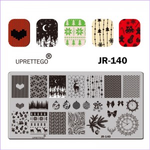 Stamping plate Christmas tree, new year, deer, clock, knitting, heart, toys for the Christmas tree, bow, ornament, pattern, snowman, lollipop, forest, night JR-140