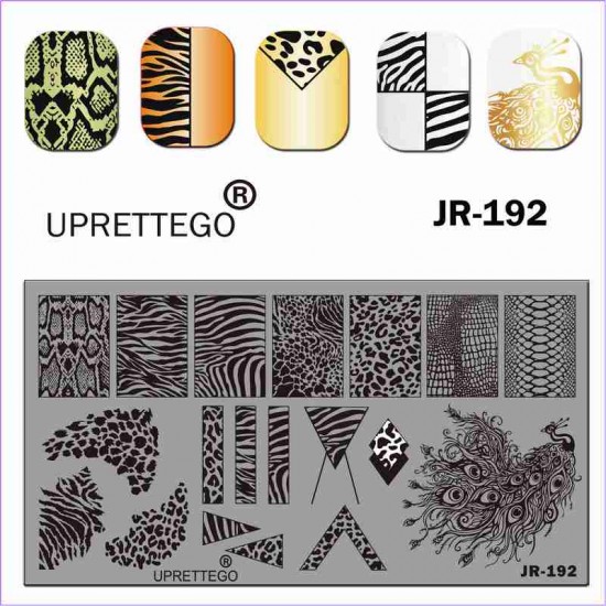 Slangenstempelplaat, huid. Pauw, zebra. JR-192, 3212, stempelen, schoonheid en gezondheid. Alles voor schoonheidssalons, alles voor manicure, gelvernissen, koop in Oekraïne