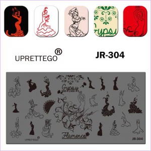  Plaque d'estampage fille, robe, éventail, motifs, danse de mariage, rose, flamenco, JR-304