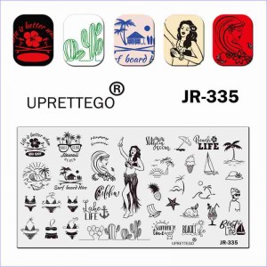Stamping plate girl, beach, swimsuit, palm trees, cocktail, summer, vacation, house, sea, glasses, pineapple, starfish, sail, hat, life, ice cream, anchor JR-335