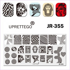  Płyta do stemplowania dziewczyna, sfinks, linie, zebra, paski, sylwetka, wzór, ornament, tekstura, koła, okulary, serduszko JR-355