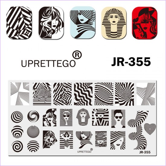 Płyta do stemplowania dziewczyna, sfinks, linie, zebra, paski, sylwetka, wzór, ornament, tekstura, koła, okulary, serduszko JR-355-3212-uprettego-cechowanie