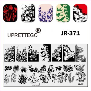 Пластина для стемпинга JR-371 бабочки, попугай, папоротник, маки, ласточки, пальмы, uprettygo