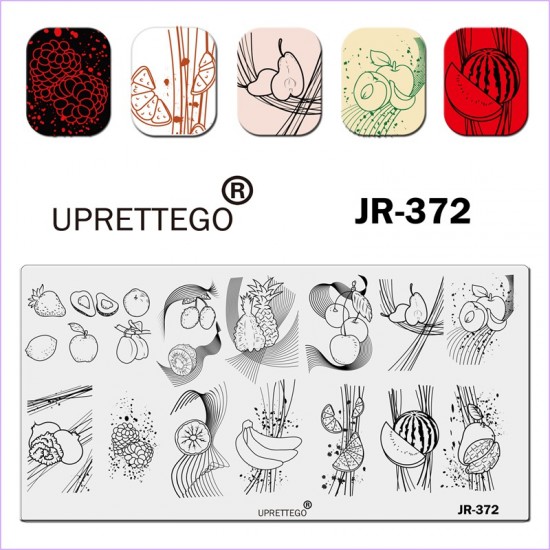 Stamping plate JR-372, fruits, fruits, lines, Avocado, apple, pear, banana, pineapple, citrus, grapes, watermelon, Uprettego, 3212, Stamping UPRETTYGO,  Health and beauty. All for beauty salons,All for a manicure ,Gel varnishes, buy with worldwide shippin