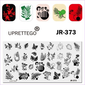 Plaque pour estampage Uprettego JR-373, fougère, géométrie, feuilles, fruits, ananas, fleur, fraise, pomme, fleurs