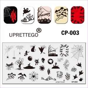 Пластина для стемпинга Uprettego JR-CP-003E хэллоуин, пауки, паутина, зомби, летучие мыши, череп, цветы, приведения, кот, кляксы, ведьма, дерево, волк, луна