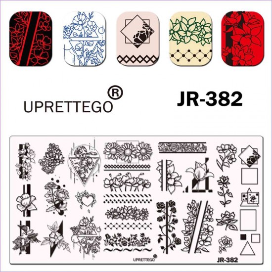 Stamping plate JR-382 Uprettego flowers, patterns, birds, ornaments, plants, geometry, shapes, heart, 952772144, Stamping UPRETTYGO,  Health and beauty. All for beauty salons,All for a manicure ,Gel varnishes, buy with worldwide shipping