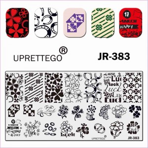  Plaque pour estamper Uprettego JR-383 fleurs, motifs, ornements, fers à cheval, chance, géométrie, trèfle, inscriptions en anglais