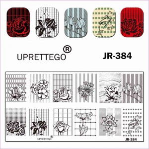 Пластина для стемпинга JR-384 цветы, узоры, орнаменты, розы, лилии, полосы, точки, клетки Uprettego 