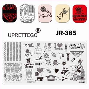 Placa de estampado Uprettego JR - 385 tejido, enredo, hilo, agujas de tejer, corazón, chica, PIN, tijeras, frases, botones