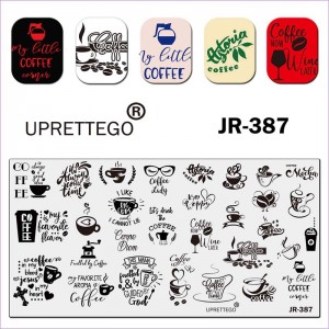 Пластина для стемпинга JR-387 кофе, чашки, кружки, стакан, сердце, кофемолка, очки, бокал. крест, фразы на английском Uprettego