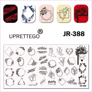 Пластина для стемпинга Uprettego JR-388 цветы, венки, геометрия, фигуры, круг, растения, сердце карандаш, ромб, треугольник, рамка с цветами