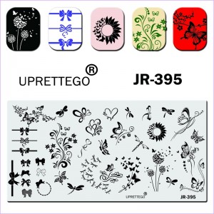 Пластина для стемпинга Uprettego JR-395 метелики, квіти, кульбаби, бантики, бабки, завитки
