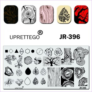 Пластина для стемпинга JR-396 Uprettego геометрия, фигуры, кора, деревья, сруб, капли