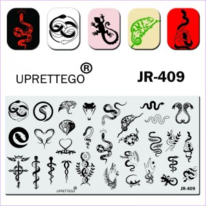 Пластина для стемпинга Uprettego JR-409 змеи, кобра, меч, кинжал, крест, хамелеон, папоротник, ящерица, рука, растения