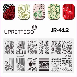  Plaque pour estamper Uprettego JR-412 fleurs, plantes, ornements, motifs, rayures, points, lignes, coquelicots