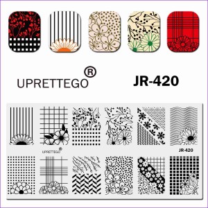  Plaque pour estampage Uprettego JR-420 ornement, fleurs, motifs, lignes, points, carrés, marguerites, géométrie