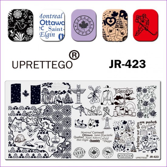 Stamping plate JR-423 Uprettego Canada. inscriptions, flag, hockey, symbols, moose, bear, forest, stamps, maple, stick, skates, mittens, 952772185, Stamping UPRETTYGO,  Health and beauty. All for beauty salons,All for a manicure ,Gel varnishes, buy with w