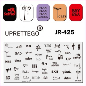 Plate for stamping Uprettego JR-425 inscriptions, words in English, text, woman, man, graphics
