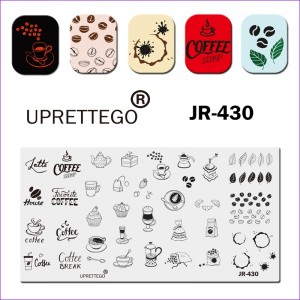 Stempelen plaat JR-430 koffie, granen, inscripties, beker, mok, theepot, bladeren, koffiemolen, dessert, cakes Uprettego