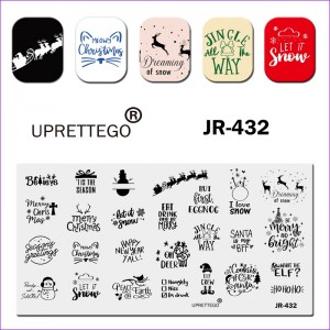 Stamping plate JR-432 Uprettego new year, Christmas, snowman, gifts, reindeer, Christmas trees, Santa Claus, cat, phrases in English