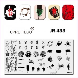 Пластина для стемпинга JR-433 лица, девушки, абстракция, кляксы, линии, знаки денег, геометрия, брызги, штихи Uprettego