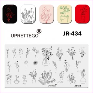 Пластина для стемпинга Uprettego JR-434 комнатные растения в горшках, цветы, букеты, гитара, книга, месяц, сапог, нежные цветочки