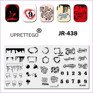 Пластина для стемпінга JR-438 Uprettego геометрія, фігури, патьоки, бульбашки, штрихи, орнамент, плями, цифри, написи, таблички