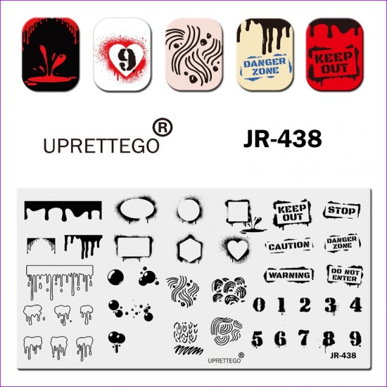 Stamping plate JR-438 Uprettego geometry, shapes, streaks, bubbles, strokes, ornament, blots, numbers, inscriptions, plates, 952772201, Stamping UPRETTYGO,  Health and beauty. All for beauty salons,All for a manicure ,Gel varnishes, buy with worldwide shi