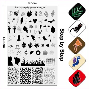 Stamping plate Uprettego JR Step by step shapes, patterns, prints, hands, leaves, fern, glasses, cat, bear, bird, flowers, dots, spots