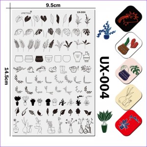Stamping plate JR-UX-004 Uprettego potted plants, leaves, flowers, vases, pots, amphorae, jug, cat, watering can, boots, birds, house