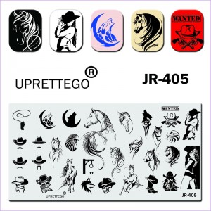 JR-405 Uprettego Stempelplatte Cowboys, Hüte, Schnurrbart, Pferde, Pferde, Wolf, Mädchen, Schädel, Galgen, Adler, Stiefel