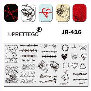 Placa de estampado JR-416 uprettego alambre de púas, espinas, espinas, cadenas, cráneo, corazón, mariposa, geometría, formas