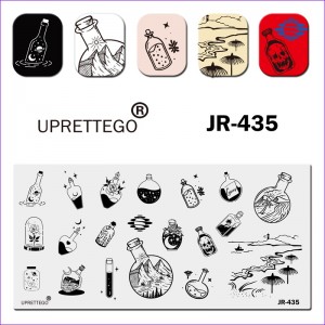 Stamping Plate JR-435 Uprettego bottles, jars, flask, Test tube, rose, flowers, landscapes, mountains, rivers, beach, letter, sea, space, sky, skull